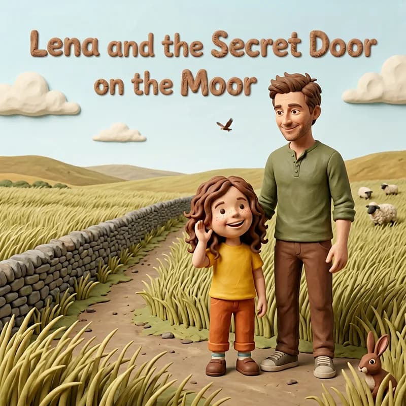 Cover illustration of Lena waving hello beside Dad on a windswept moor path lined with a mossy stone wall, sheep grazing and a rabbit in the grass, claymation illustration