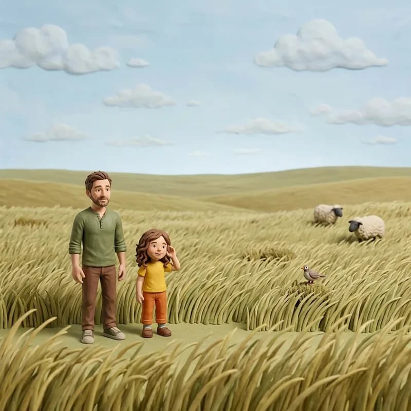 Lena standing beside Dad in a windswept grass field, one hand raised toward her ear as she listens to the wind, sheep grazing in the distant hills, claymation illustration