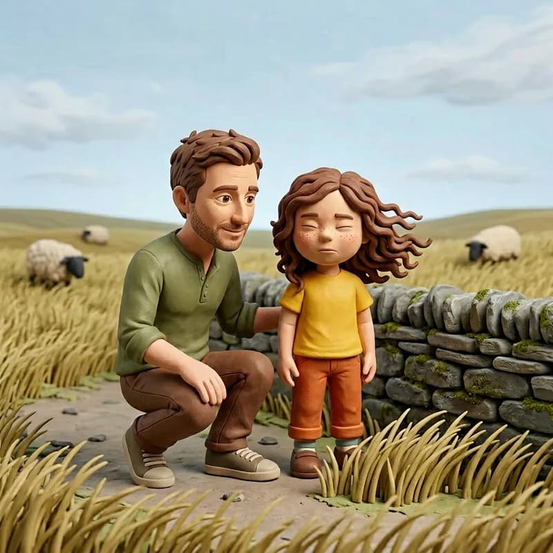 Dad crouching beside Lena near a mossy stone wall as her curly hair streams sideways in the wind, both listening intently while sheep graze behind them, claymation illustration