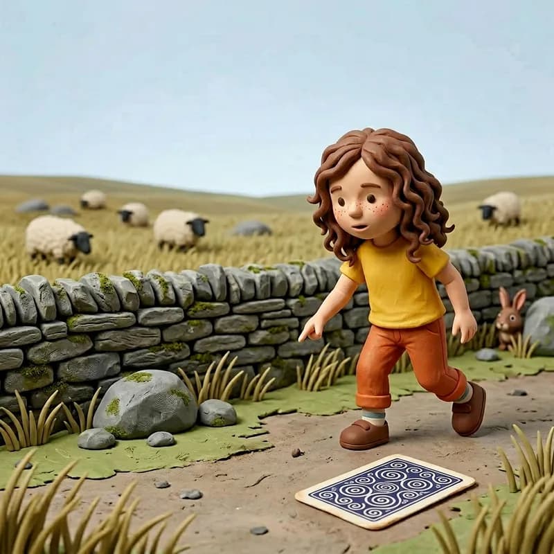 Lena walking along the moor path and pointing down in surprise at a face-down card with a swirled pattern lying in the dirt, a rabbit peeking from the grass nearby, claymation illustration