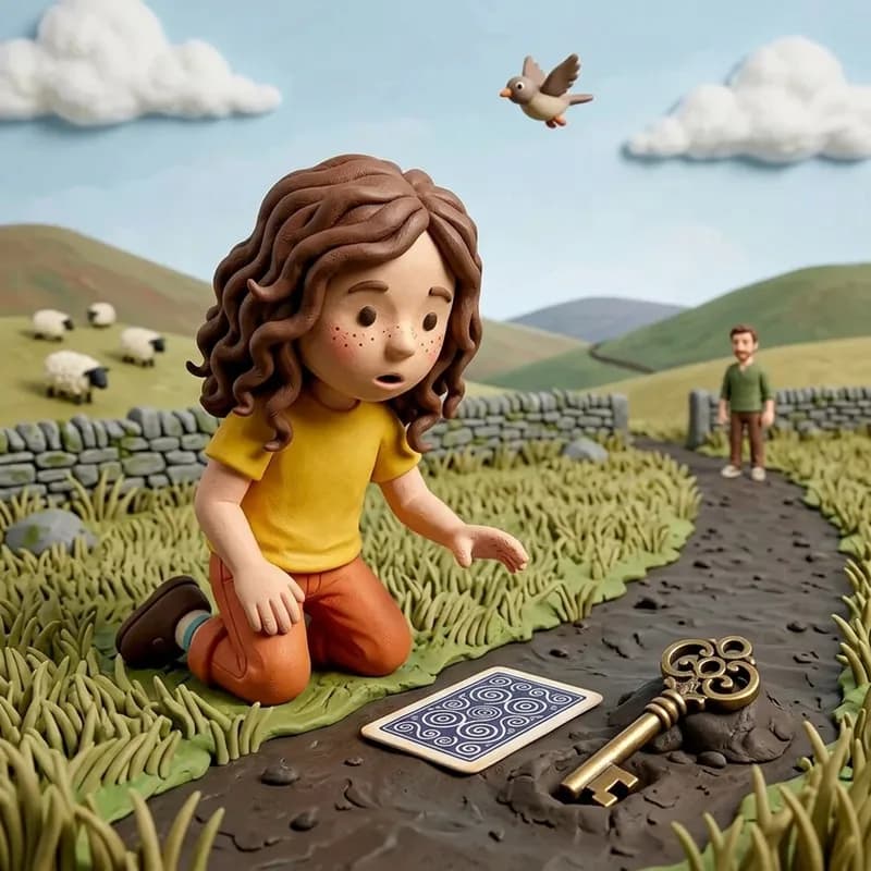 Lena kneeling on the moor path reaching toward a swirl-patterned card lying face-down in the dirt, a heavy brass key half-buried in the earth beside it, Dad watching from further along the path, a bird flying overhead, claymation illustration