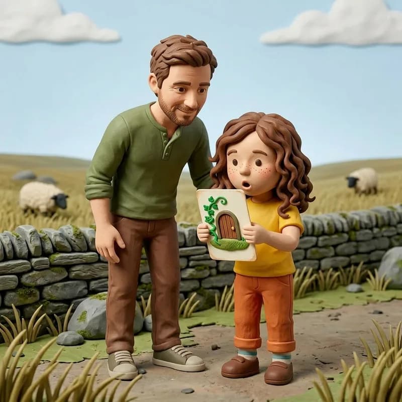 Lena holding up the card to show Dad its painted picture of a tiny door wrapped in ivy, her mouth open in surprise, sheep grazing by the stone wall behind them, claymation illustration