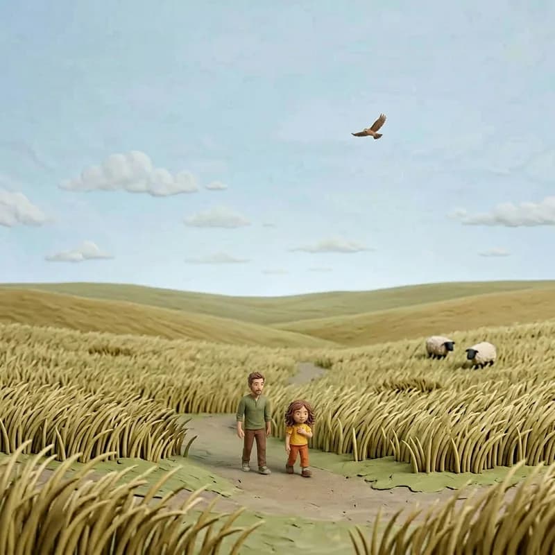 Wide view of Dad and Lena as small figures following a narrow path through the vast grassy moor, a hawk circling overhead and sheep grazing in the distance, claymation illustration