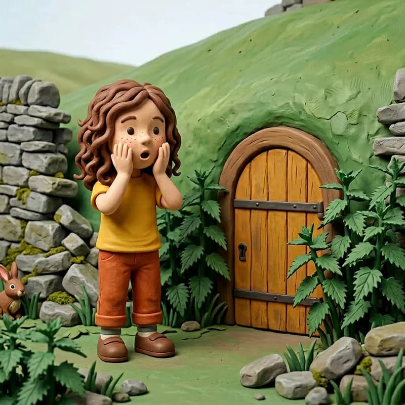 Lena pressing both hands to her cheeks in astonishment beside a round wooden door built into the green hillside, nettles and tumbled stones around it, a rabbit watching from the left, claymation illustration