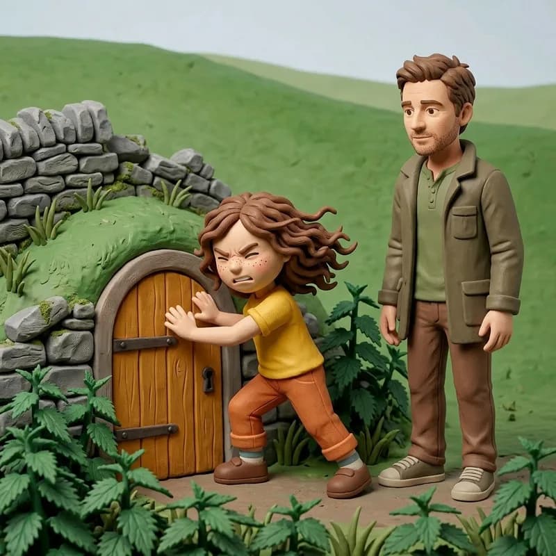 Lena pushing against the locked hillside door with both hands and a frustrated frown, Dad watching with a knowing smile behind her, claymation illustration