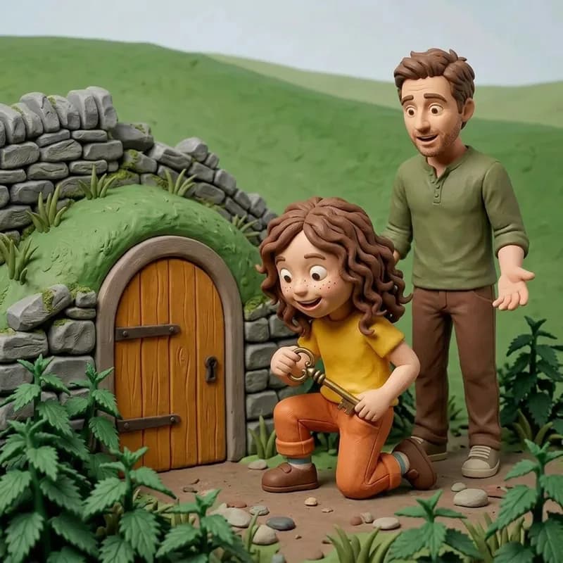 Lena kneeling by the round wooden hillside door, pulling a heavy ornate brass key from her trouser pocket with a delighted grin, Dad standing behind her with open empty hands and raised eyebrows, nettles and a mossy stone wall around them, claymation illustration