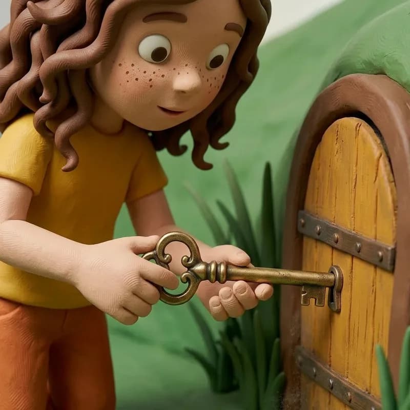 Close-up of Lena turning the heavy brass key in the door's lock, eyes fixed in concentration as the door creaks open to reveal light within, claymation illustration