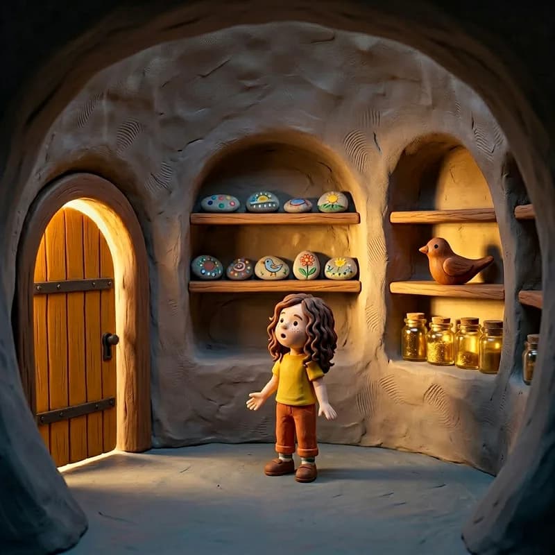 Lena standing amazed in a warm, lantern-lit hollow room lined with shelves of painted stones, a carved wooden bird and glowing jars, the open door letting in daylight behind her, claymation illustration