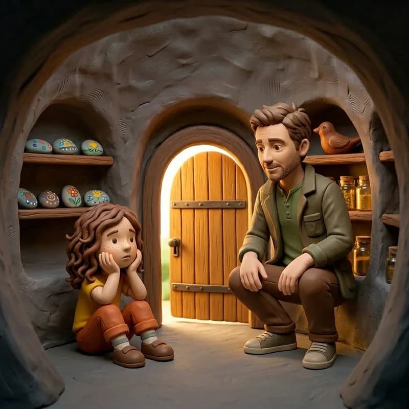 Lena sitting on the floor of the hidden room with her hands pressed to her cheeks in thought, Dad crouching beside her, shelves of painted stones and glowing jars around them, claymation illustration