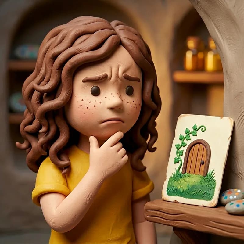 Close-up of Lena resting her chin on her hand, deep in thought, as she looks at the painted door card propped on a shelf among painted stones, claymation illustration