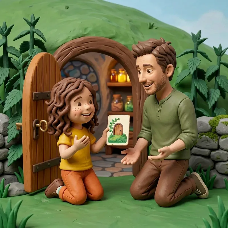 Lena kneeling by the open hillside door holding up the painted card as she explains her plan, Dad kneeling opposite with open empty hands, the brass key still in the door's keyhole, claymation illustration