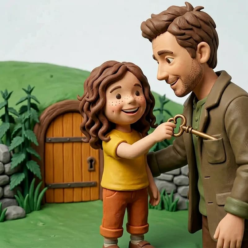 Close-up of Lena reaching up to tuck the brass key into Dad's jacket pocket, both smiling warmly at each other by the hillside door, claymation illustration