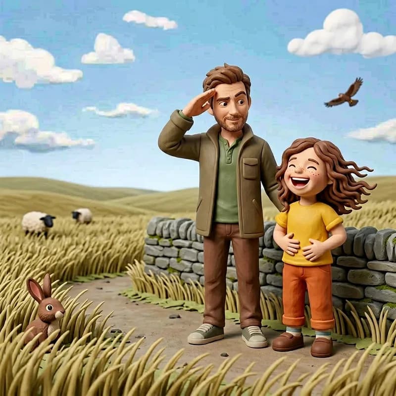 Dad giving a playful salute with one eyebrow raised as Lena laughs joyfully beside him on the moor path, sheep, a rabbit and a hawk sharing the wide grassy scene, claymation illustration