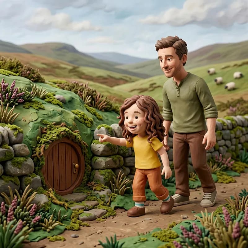 Lena pointing at a tiny round door in the hillside as she and Dad hike a moorland path beside a mossy stone wall, sheep on the far hills, claymation illustration