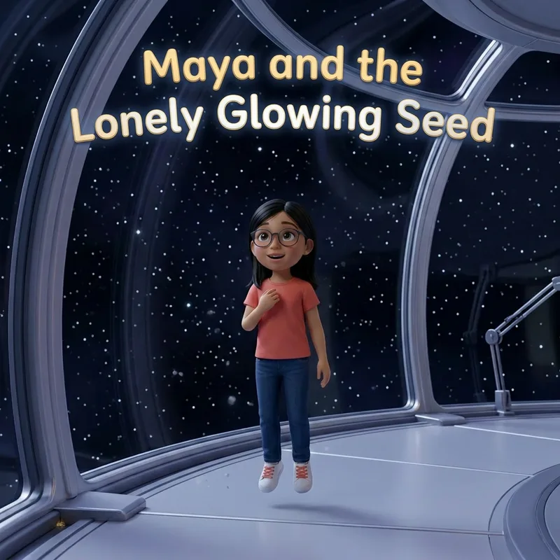 Cover illustration of Maya floating weightlessly inside a glass-domed observation deck, round glasses catching the light as stars drift beyond the window, 3D-animated illustration