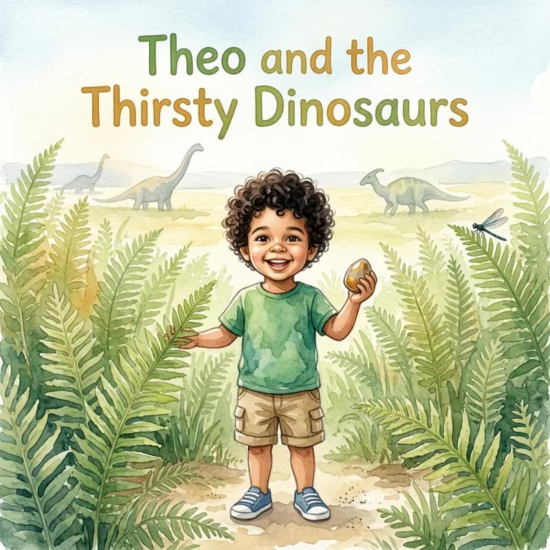 Cover illustration of Theo standing in tall ferns holding a smooth golden stone, three dinosaurs grazing in the misty distance, watercolor illustration