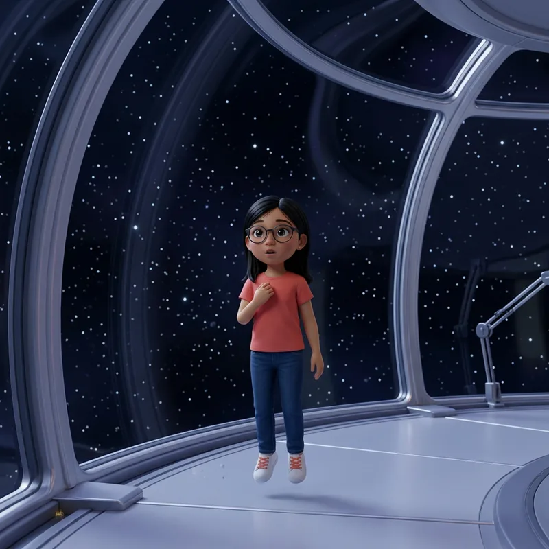 Maya, round glasses catching the starlight, floating gently inside the glass-domed observation deck with one hand resting on her chest, 3D-animated illustration