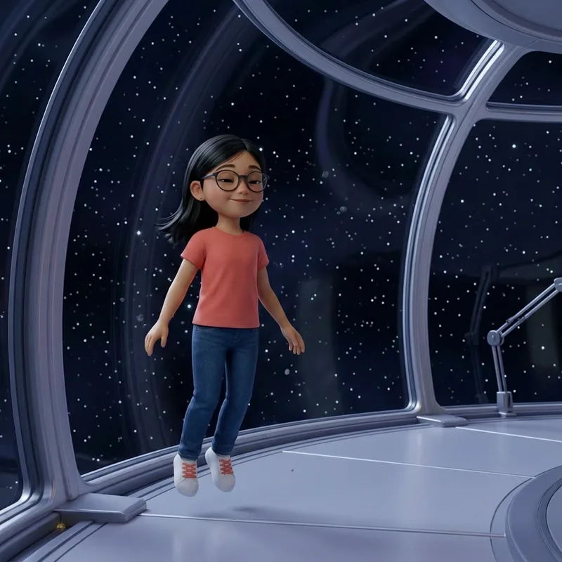 Maya drifting weightlessly with a small content smile, glasses framing her face as she floats alone in the star-filled observation deck, 3D-animated illustration