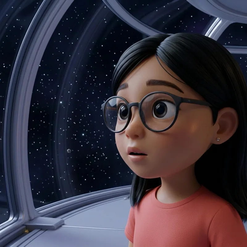 Close-up of Maya behind her round glasses, lips parted in alert surprise as she turns toward the window, the starfield reflected in the curved glass, 3D-animated illustration