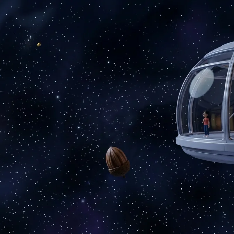 Wide view of a brown ridged seed pod tumbling alone through starry space, Maya a small distant figure watching from the lit observation dome, 3D-animated illustration