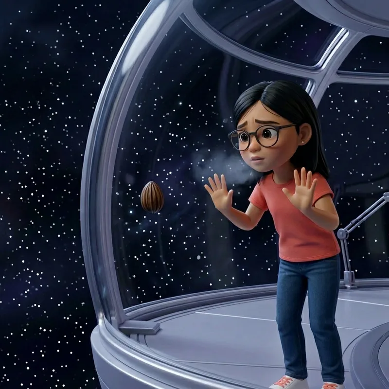 Maya, round glasses lit by starlight, pressing both palms to the cold glass with a worried frown as the seed pod drifts just outside, 3D-animated illustration