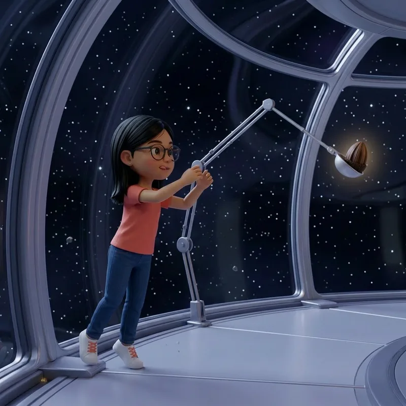 Maya, glasses catching the cabin light, reaching up to guide a mechanical catcher-arm that cradles the tumbling seed pod just outside the window, 3D-animated illustration