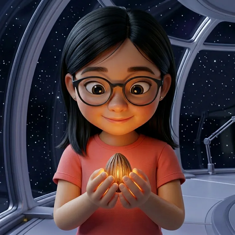 Close-up of Maya, round glasses aglow, cradling the softly glowing seed pod in her cupped hands with a delighted smile, 3D-animated illustration