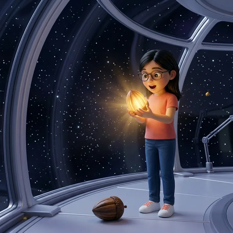 Maya, glasses lit gold, gasping in delight as she shakes the seed pod and its glow flares bright across her cupped hands, 3D-animated illustration