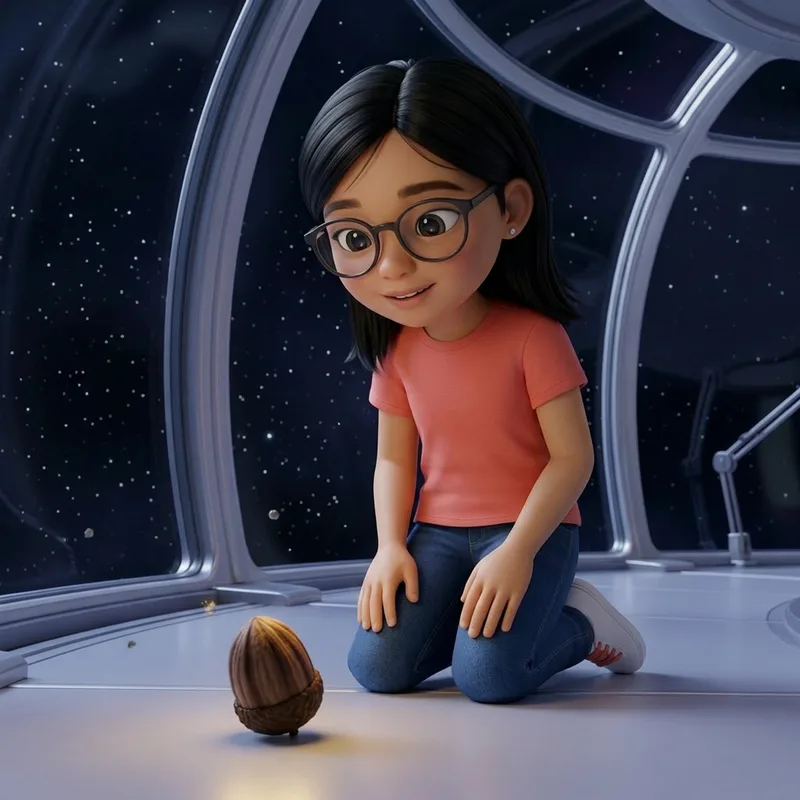 Maya kneeling close to the seed pod resting on the floor, round glasses framing a soft, gentle smile as she speaks to it, 3D-animated illustration