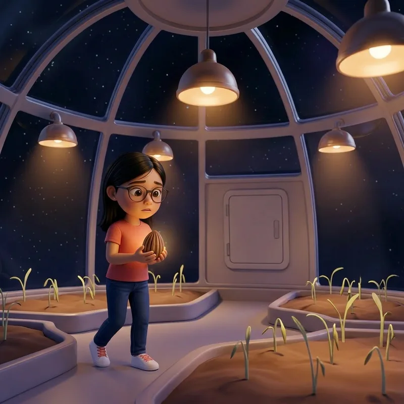 Maya, glasses catching the lamplight, walking into the garden dome holding the seed pod past struggling young sprouts under dim hanging lamps, 3D-animated illustration