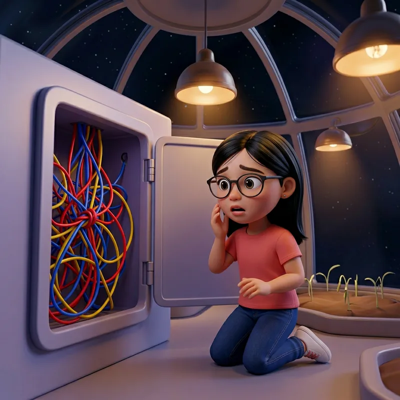 Close-up of Maya's worried face behind her round glasses as she looks at a wall panel jammed with a tangled snarl of red, blue, and yellow cables, 3D-animated illustration