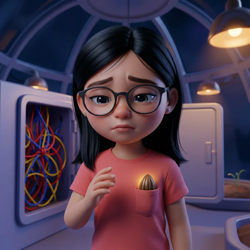 Close-up of Maya's downcast expression behind her glasses beside the tangled cable panel, the seed pod's glow dimming softly in her pocket, 3D-animated illustration
