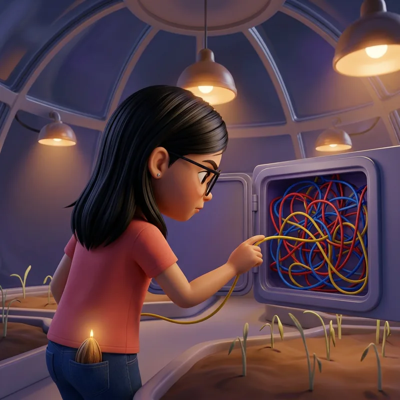 Maya, round glasses set in concentration, reaching into the tangled panel to trace a single yellow cable back to its first loop, the seed pod glowing in her pocket, 3D-animated illustration