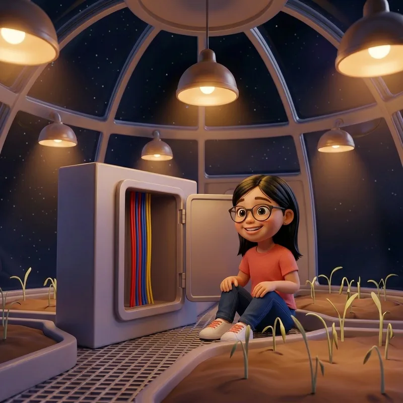 Maya, glasses catching the warm light, sitting contentedly by the cable panel now neatly untangled into straight hanging wires, lamps glowing over the sprouting garden beds, 3D-animated illustration