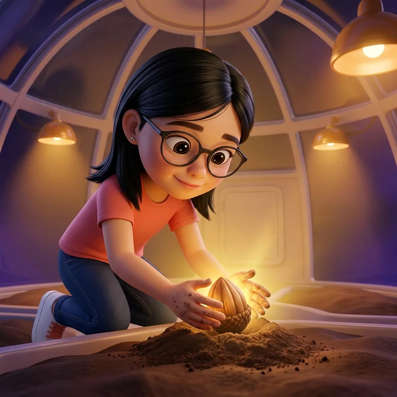 Maya, round glasses lit gold, kneeling to press the glowing seed pod into a mound of soft soil with both hands, 3D-animated illustration