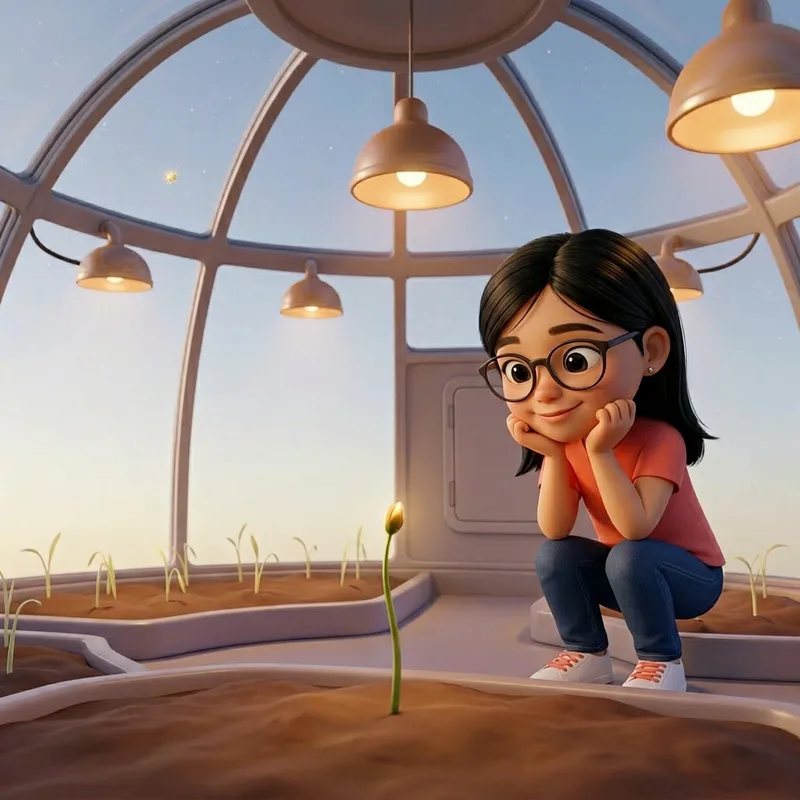 Maya, glasses catching the morning light, crouching with her chin in her hands and smiling at a single new sprout topped with a faintly glowing golden bud, 3D-animated illustration