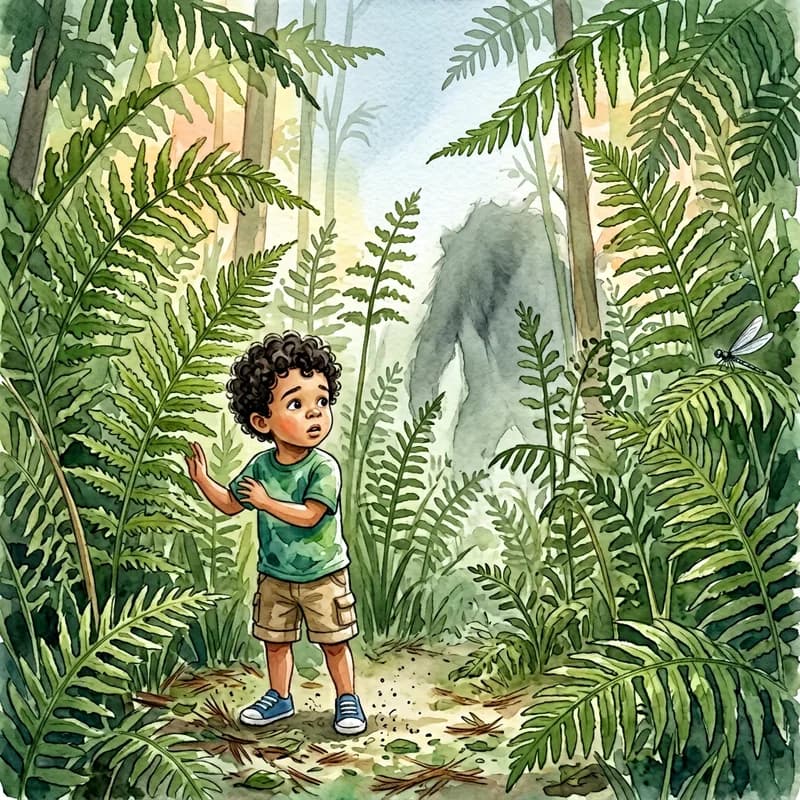 Theo standing wide-eyed among tall ferns, one hand raised to his chest, as a huge dinosaur's shadowy shape looms in the misty forest ahead, watercolor illustration