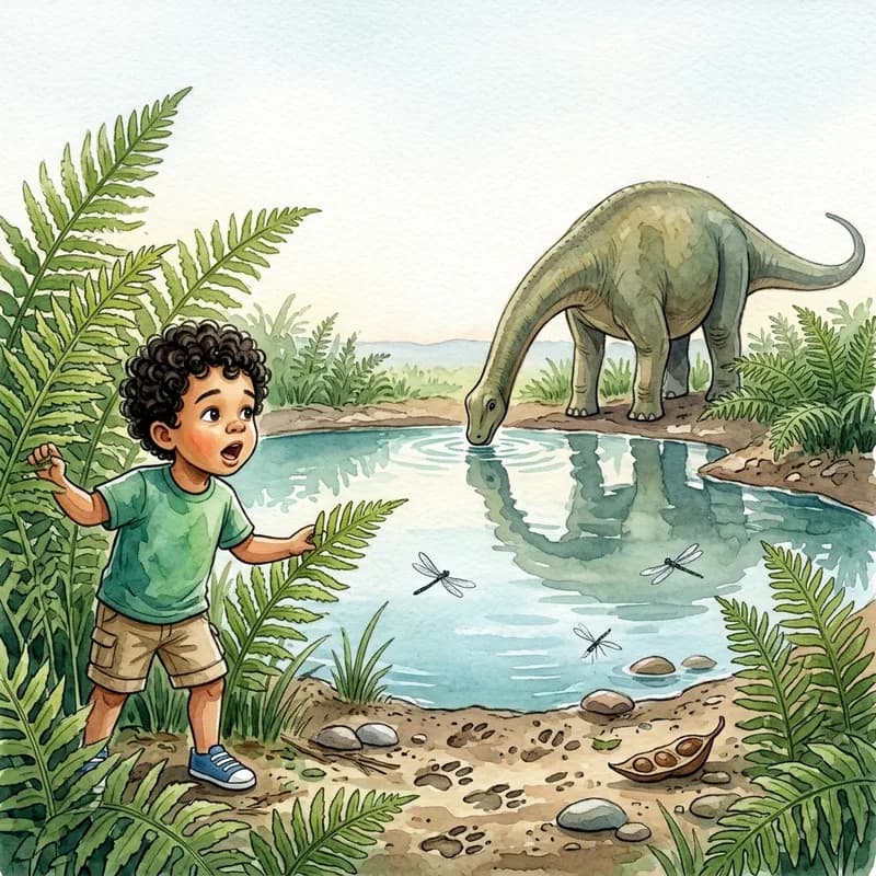 Theo peering through ferns in surprise at a long-necked dinosaur drinking from a watering hole, dragonflies skimming the water, watercolor illustration