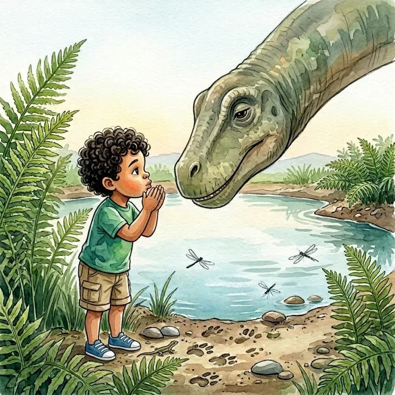 Theo standing with hands clasped as the long-necked dinosaur lowers her huge head to look him in the eye, watercolor illustration