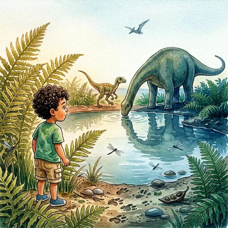 Theo watching a small quick dinosaur step out of the ferns across the water while a pterodactyl circles overhead, watercolor illustration