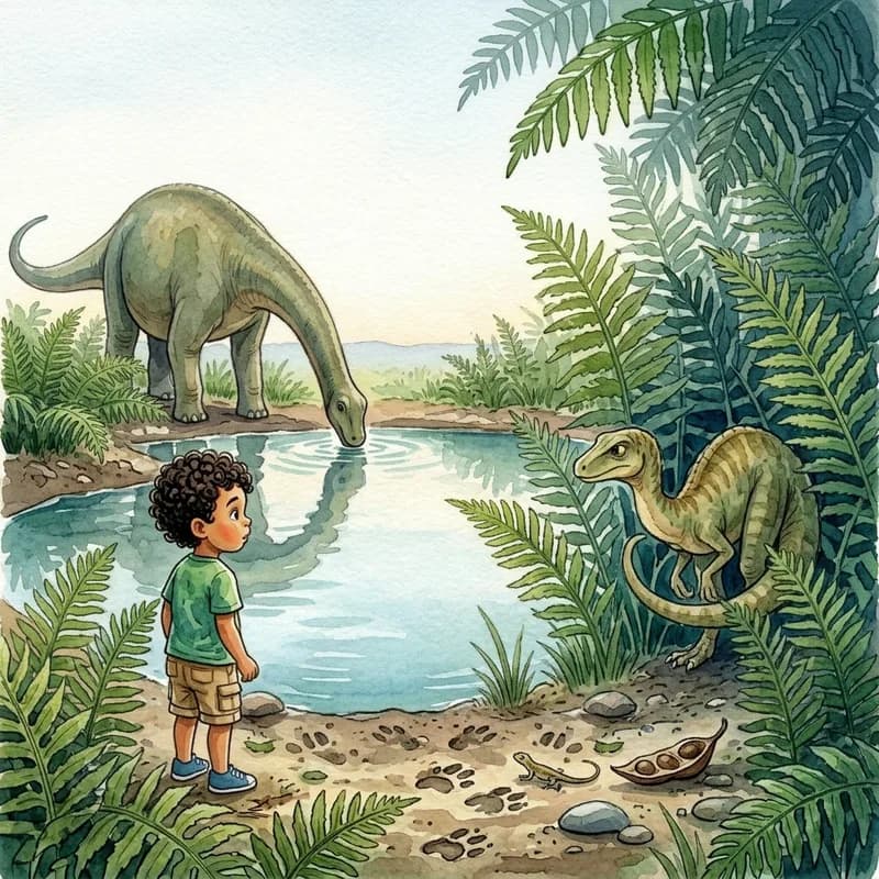 Theo watching the small dinosaur hang back in the ferns, too nervous to approach the watering hole where the long-necked dinosaur drinks, watercolor illustration
