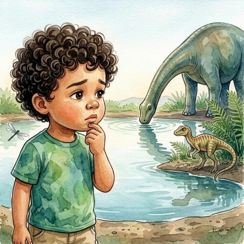 Close-up of Theo looking thoughtful, chin in hand, as he watches the two dinosaurs across the watering hole, watercolor illustration