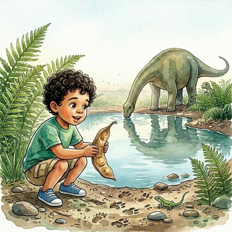 Theo crouching by the water, eyes lit up as he holds up a dried, rattling seed pod, watercolor illustration