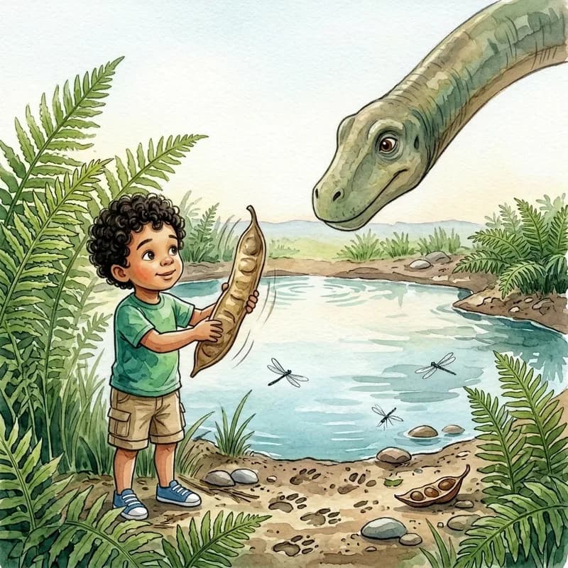 Theo shaking the seed pod as the long-necked dinosaur lifts her head to see what made the noise, watercolor illustration