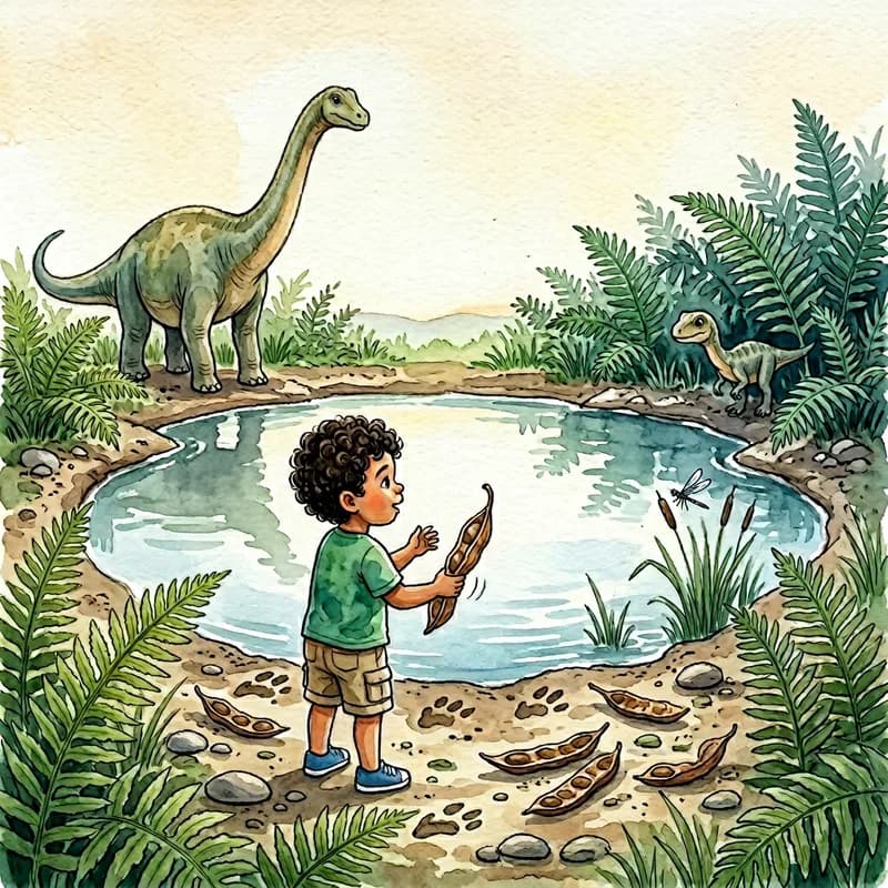 Wide view of Theo standing at the watering hole with the long-necked dinosaur stepped back and the small dinosaur peeking out from the ferns, watercolor illustration