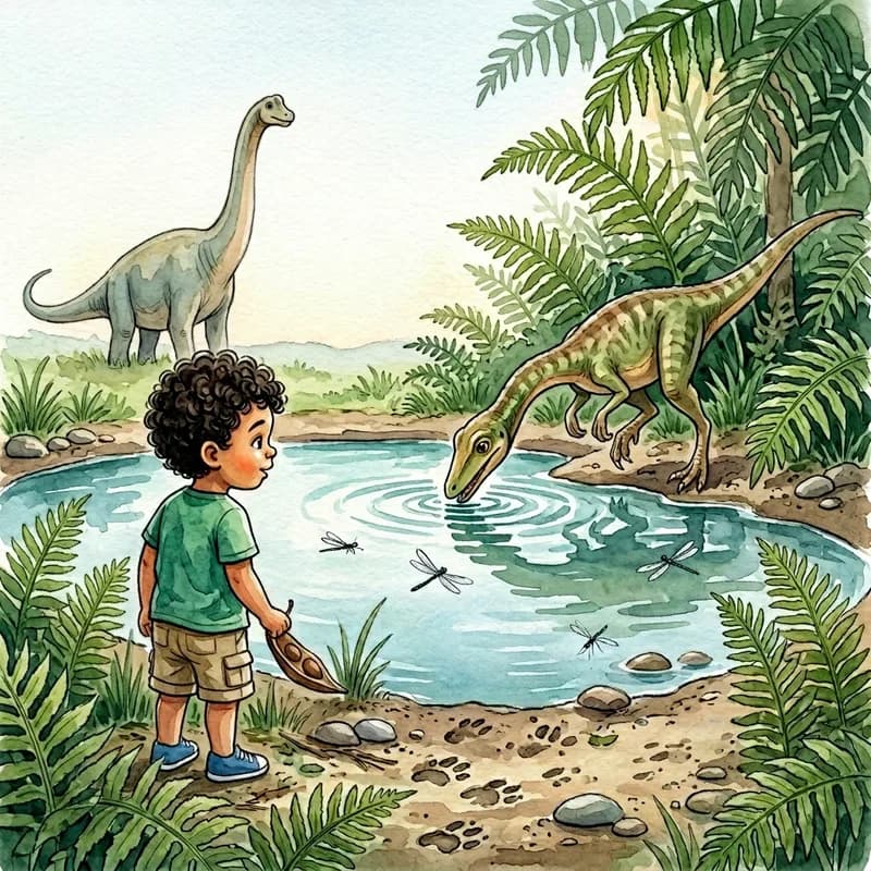 Theo watching the small dinosaur drink happily from the watering hole as the long-necked dinosaur looks on from a distance, watercolor illustration