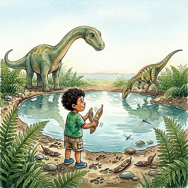 Theo shaking the seed pod as both dinosaurs look on calmly from opposite sides of the watering hole, watercolor illustration
