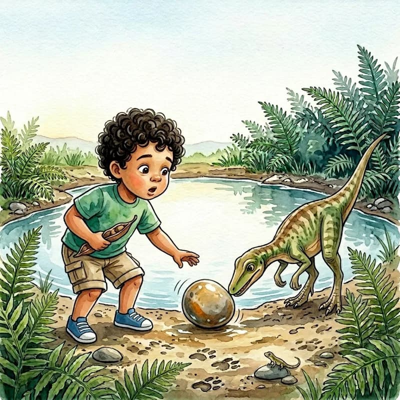Theo bending down in surprise as the small dinosaur noses a smooth round stone toward him, watercolor illustration
