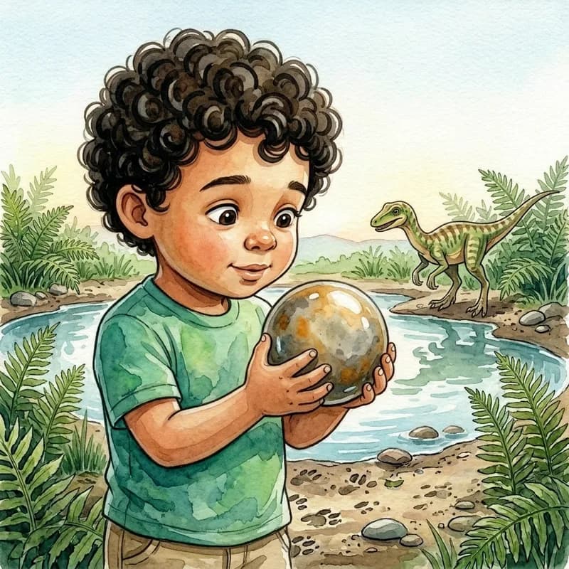 Close-up of Theo admiring the smooth stone cupped in his hands as the small dinosaur watches from across the water, watercolor illustration
