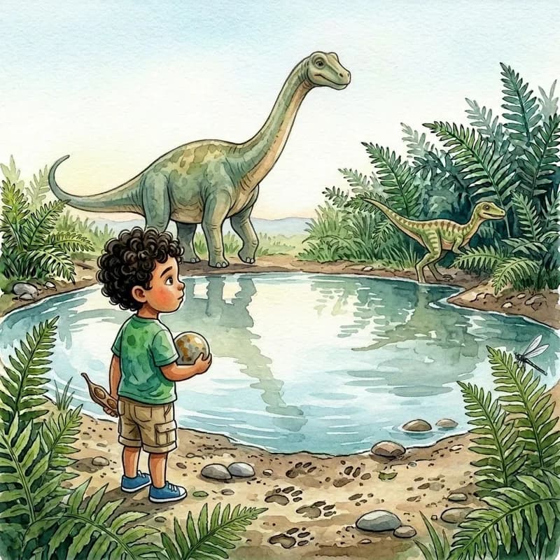 Theo watching the long-necked dinosaur and the small dinosaur turn to leave the watering hole, watercolor illustration